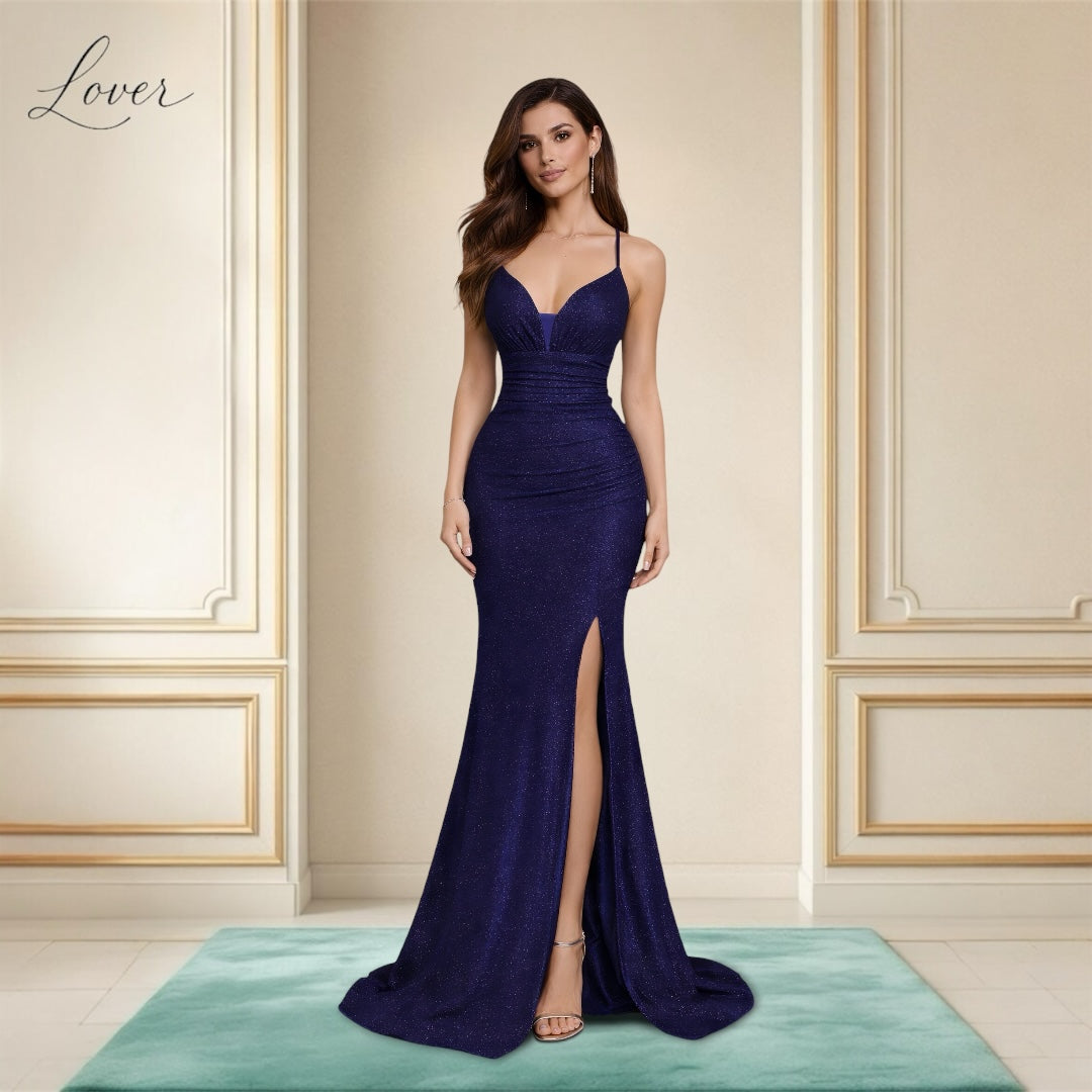 Vestido azul navy al cuerpo con brillos