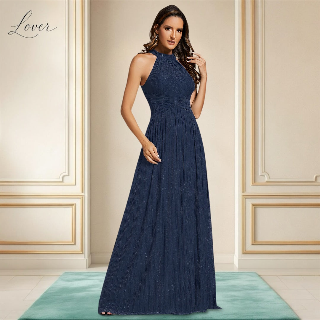 Vestido azul navy halter con brillos