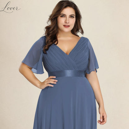 Vestido dusty blue con escote en V y mangas