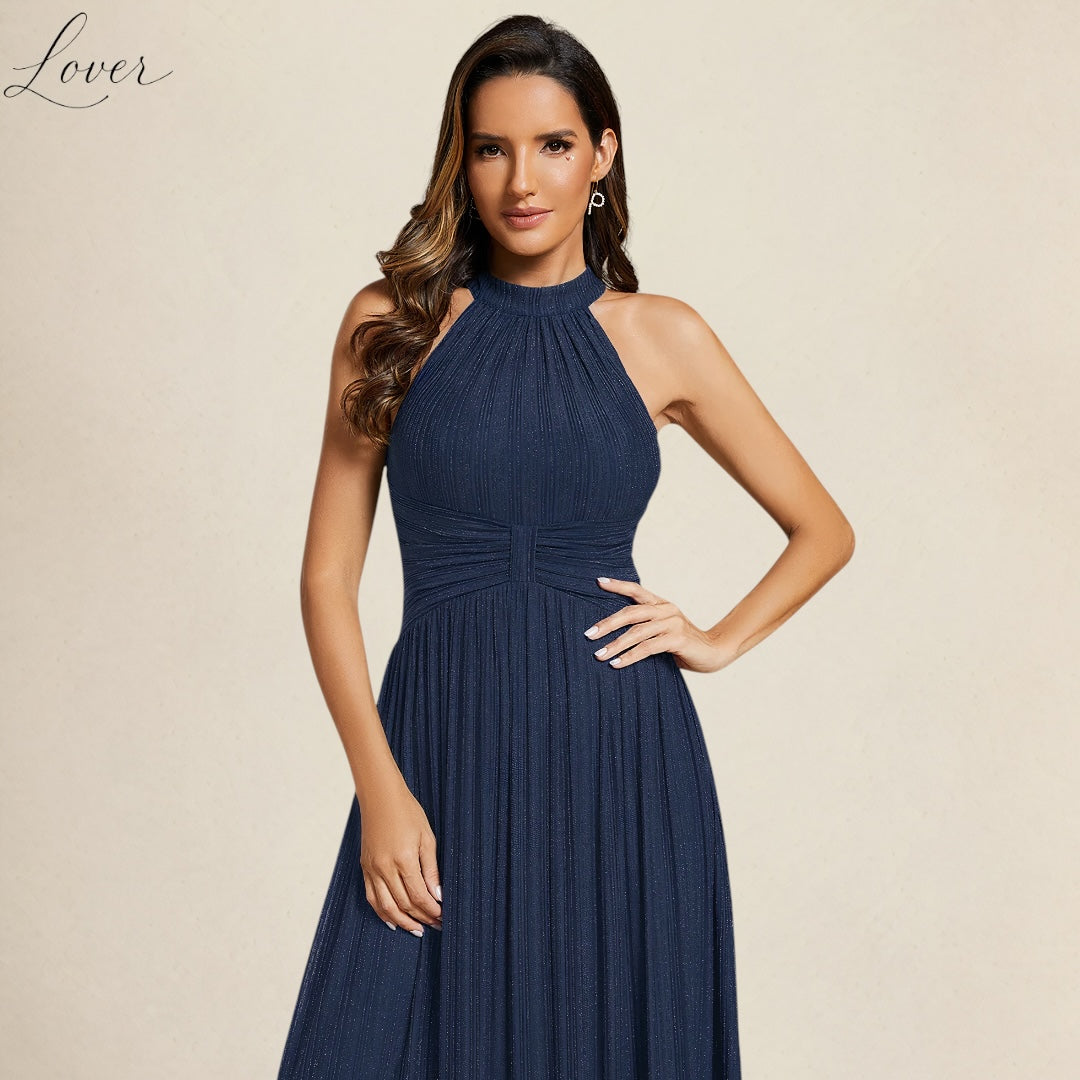 Vestido azul navy halter con brillos
