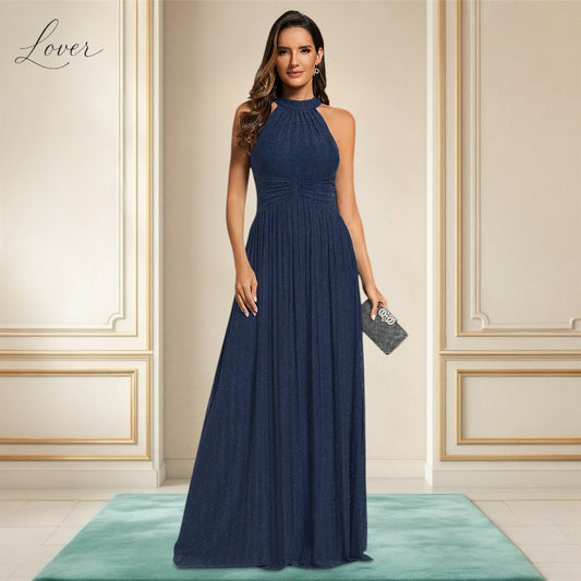 Vestido azul navy halter con brillos