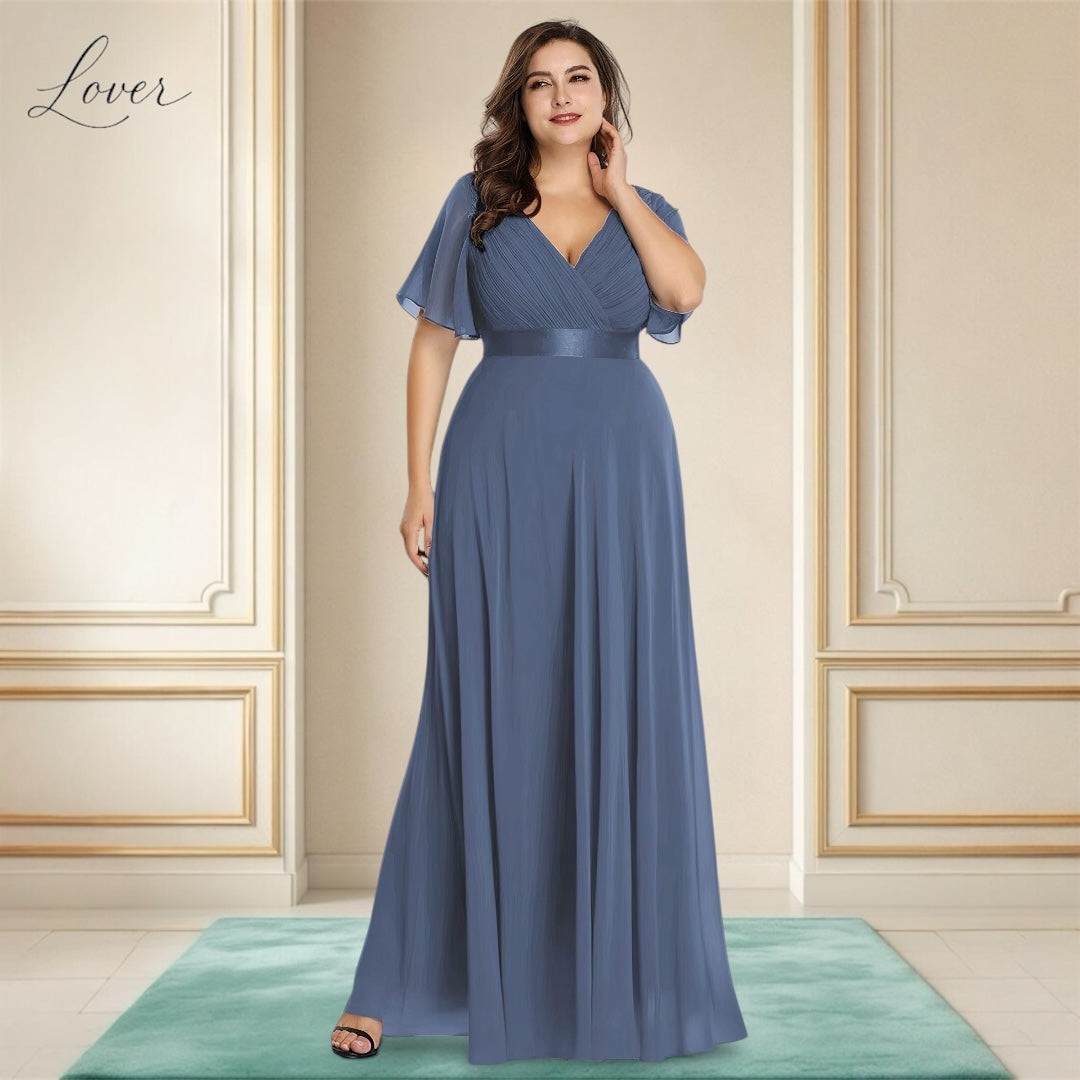 Vestido dusty blue con escote en V y mangas