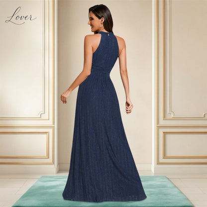 Vestido azul navy halter con brillos
