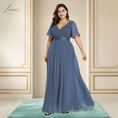 Vestido dusty blue con escote en V y mangas