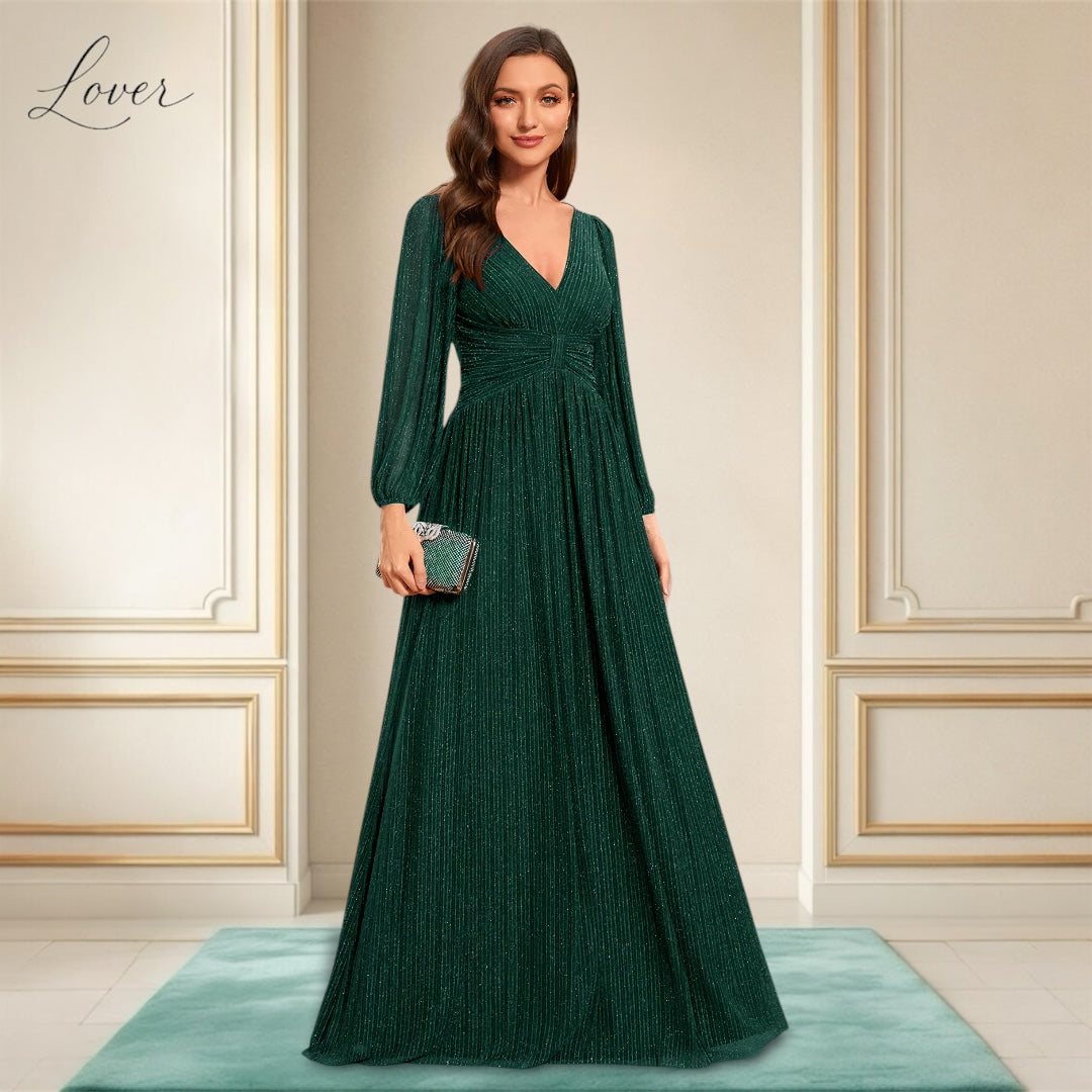 Vestido verde esmeralda de manga larga con brillos