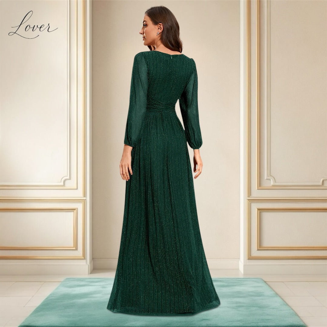 Vestido verde esmeralda de manga larga con brillos