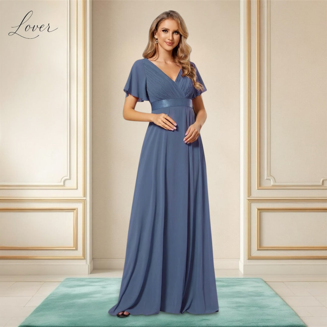 Vestido dusty blue con escote en V y mangas