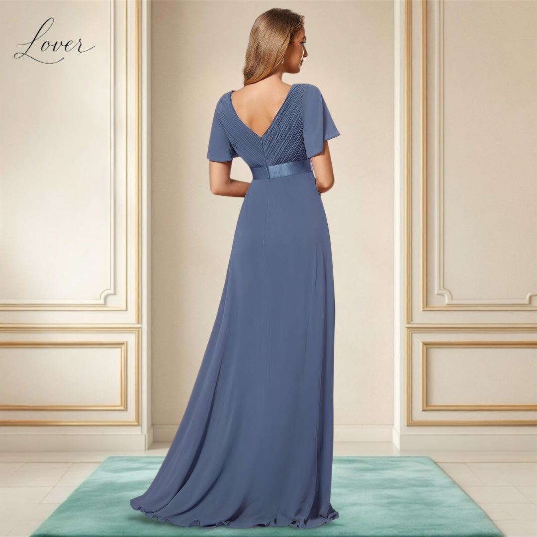 Vestido dusty blue con escote en V y mangas