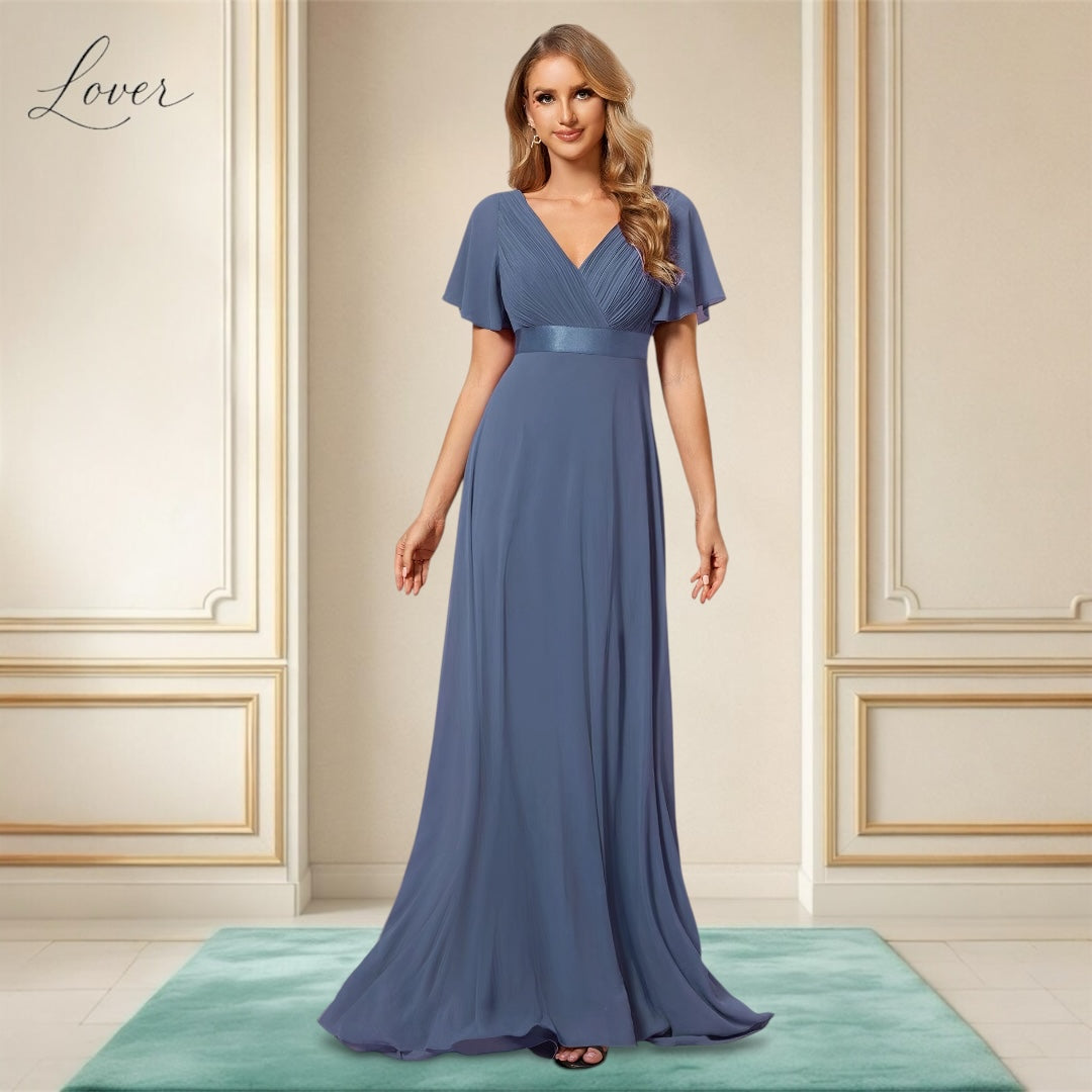 Vestido dusty blue con escote en V y mangas