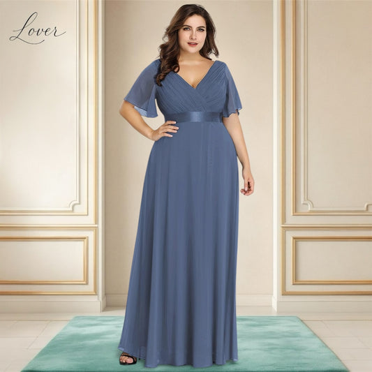 Vestido dusty blue con escote en V y mangas